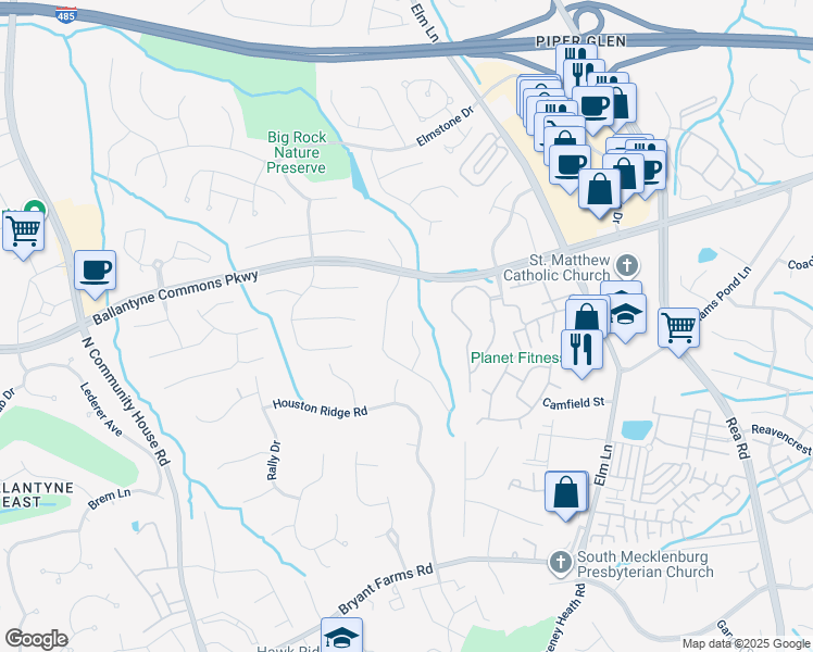 map of restaurants, bars, coffee shops, grocery stores, and more near 8514 Corolla Lane in Charlotte