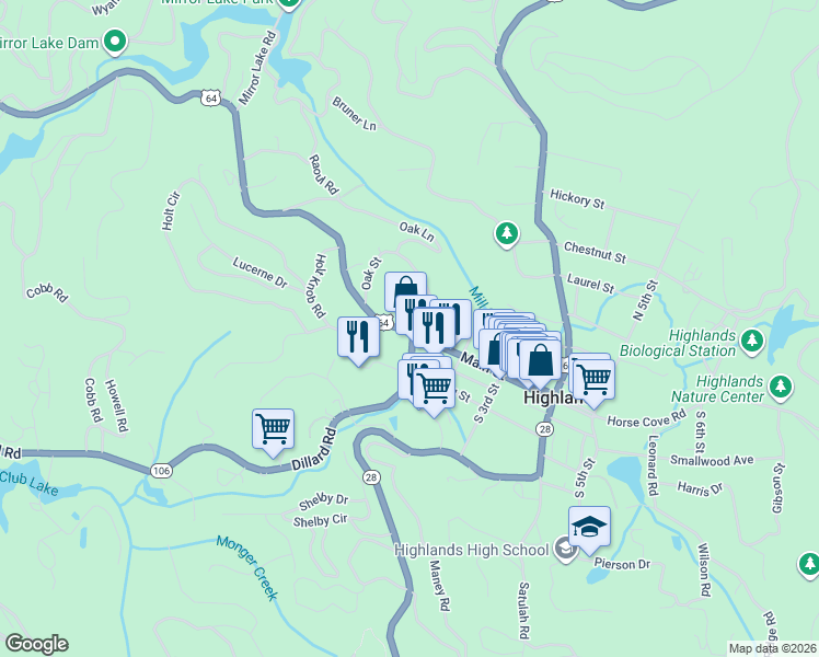 map of restaurants, bars, coffee shops, grocery stores, and more near 135-149 Franklin Rd in Highlands