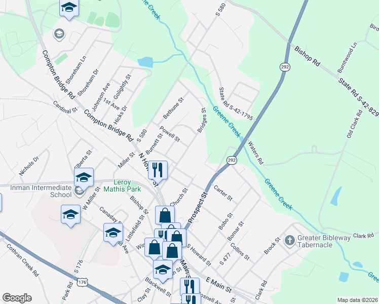 map of restaurants, bars, coffee shops, grocery stores, and more near 34 Bridges Street in Inman