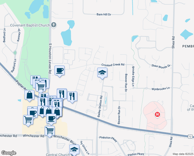 map of restaurants, bars, coffee shops, grocery stores, and more near 3435 Bailey Station Road in Collierville