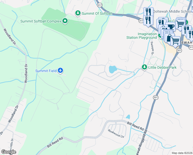 map of restaurants, bars, coffee shops, grocery stores, and more near 9254 Leyland Drive in Ooltewah
