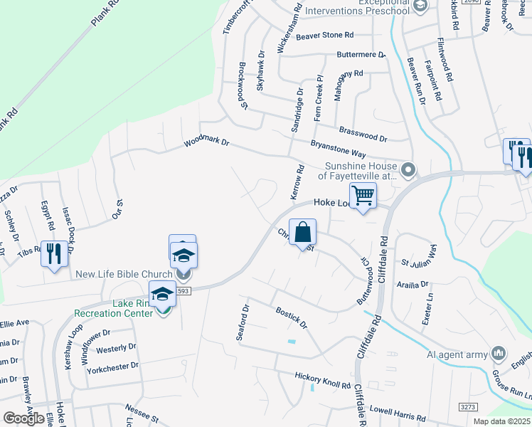map of restaurants, bars, coffee shops, grocery stores, and more near 1051 Christina Street in Fayetteville