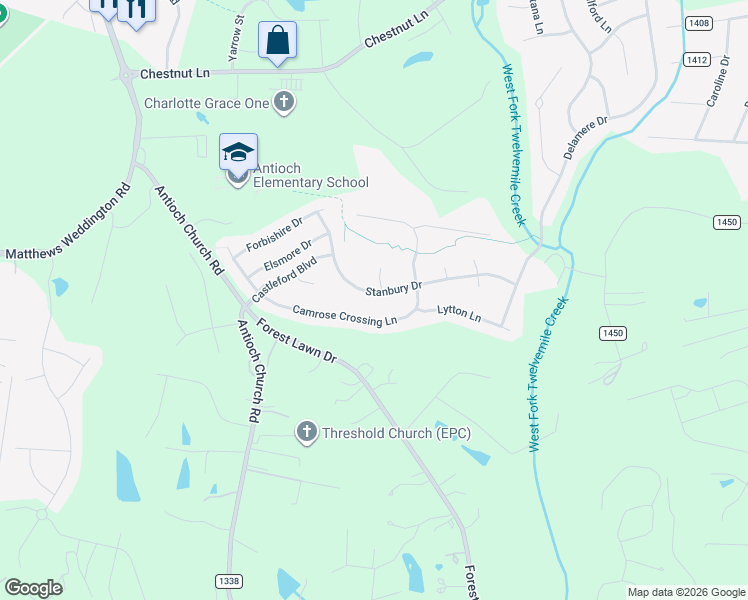 map of restaurants, bars, coffee shops, grocery stores, and more near 3022 Stanbury Drive in Matthews