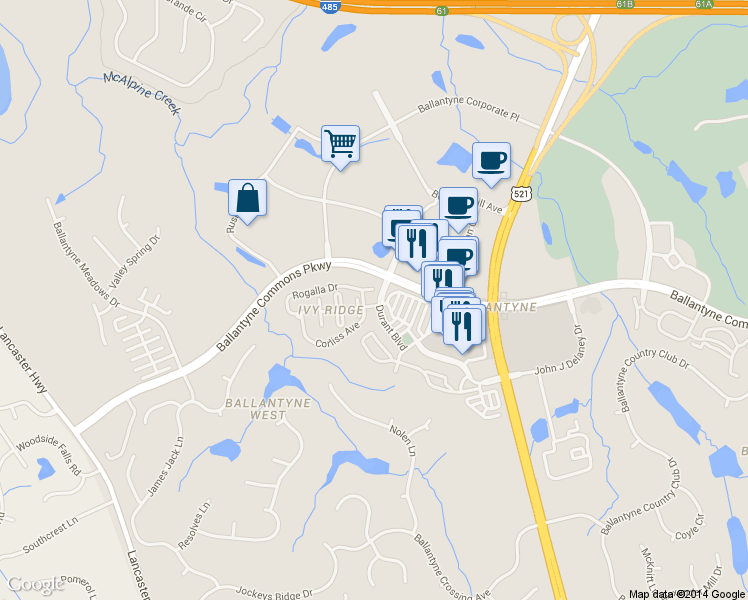 map of restaurants, bars, coffee shops, grocery stores, and more near 10610 Morablin Drive in Charlotte