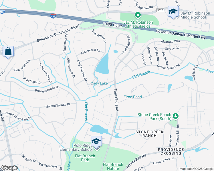 map of restaurants, bars, coffee shops, grocery stores, and more near 6840 Guinevere Drive in Charlotte