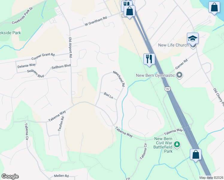 map of restaurants, bars, coffee shops, grocery stores, and more near 109 Valais Court in New Bern