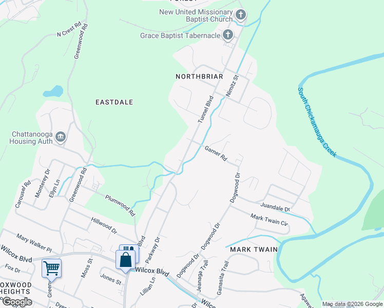 map of restaurants, bars, coffee shops, grocery stores, and more near 3524 Garner Road in Chattanooga