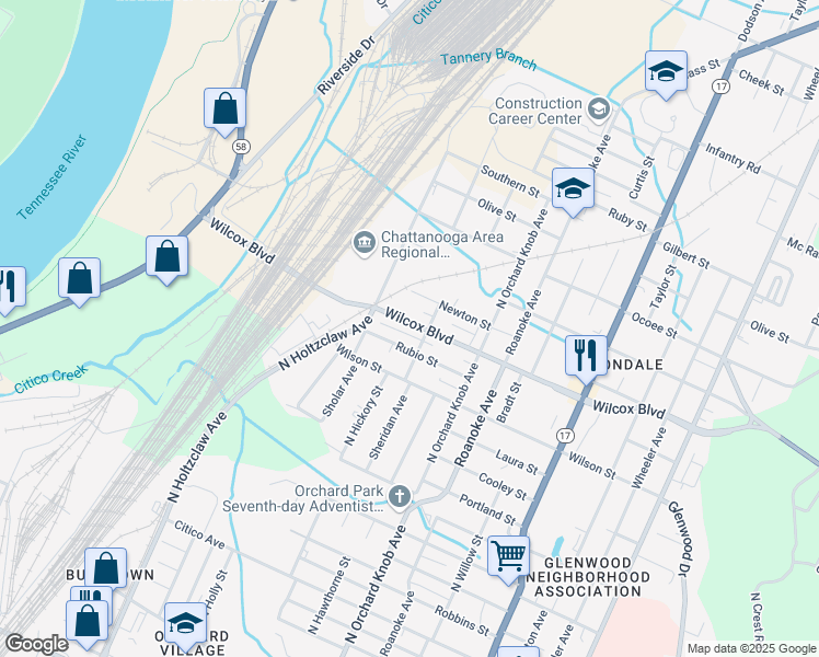 map of restaurants, bars, coffee shops, grocery stores, and more near 1718 Wilcox Boulevard in Chattanooga