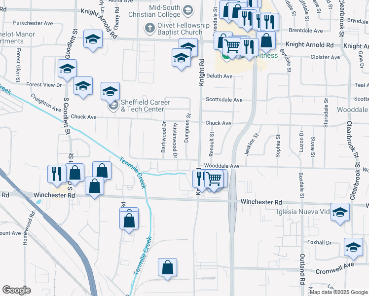 map of restaurants, bars, coffee shops, grocery stores, and more near 3432 Dungreen Street in Memphis