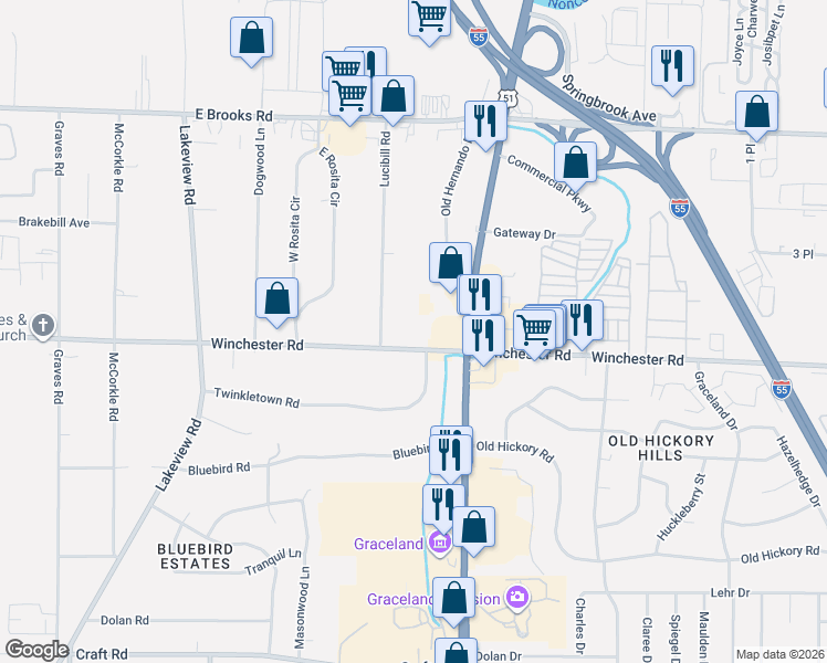 map of restaurants, bars, coffee shops, grocery stores, and more near 1128 Winchester Road in Memphis