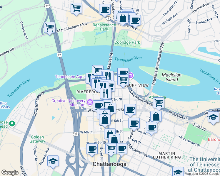 map of restaurants, bars, coffee shops, grocery stores, and more near 138 Market Street in Chattanooga