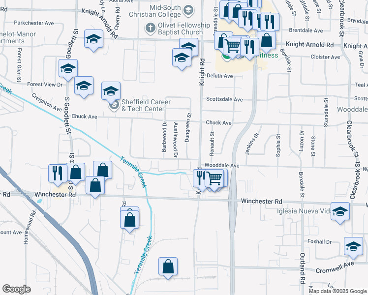 map of restaurants, bars, coffee shops, grocery stores, and more near 3432 Dungreen Street in Memphis