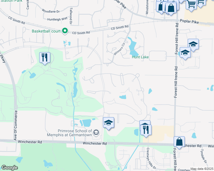 map of restaurants, bars, coffee shops, grocery stores, and more near 3432 Tournament Drive South in Memphis