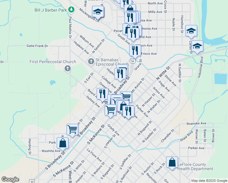 map of restaurants, bars, coffee shops, grocery stores, and more near 207 North Broadway Street in Poteau