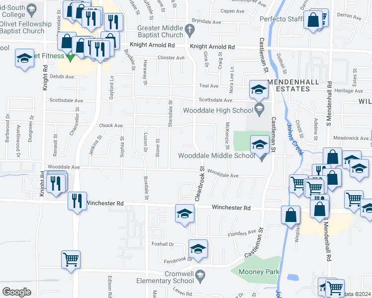 map of restaurants, bars, coffee shops, grocery stores, and more near 4963 Churnak Cove in Memphis