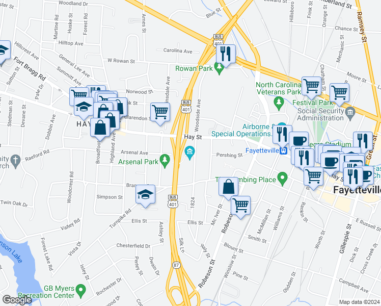 map of restaurants, bars, coffee shops, grocery stores, and more near 806 Arsenal Avenue in Fayetteville