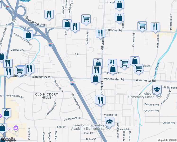 map of restaurants, bars, coffee shops, grocery stores, and more near 3438 Fontaine Road in Memphis