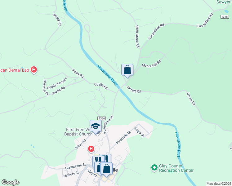 map of restaurants, bars, coffee shops, grocery stores, and more near 1 Qualla Rd in Hayesville