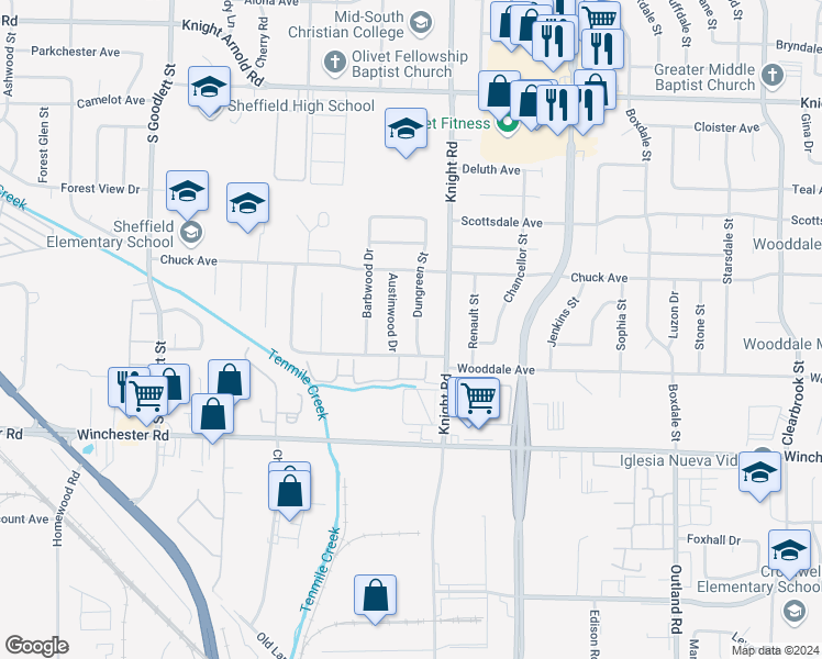 map of restaurants, bars, coffee shops, grocery stores, and more near 3433 Dungreen Street in Memphis