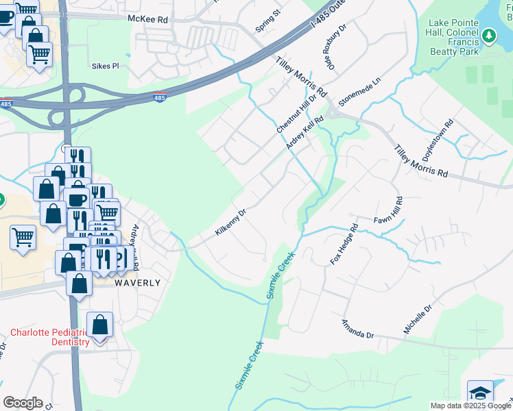 map of restaurants, bars, coffee shops, grocery stores, and more near 11213 Kilkenny Drive in Charlotte