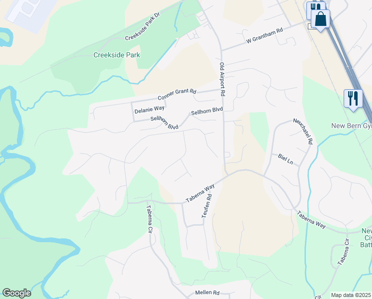 map of restaurants, bars, coffee shops, grocery stores, and more near 101 Reinach Lane in New Bern