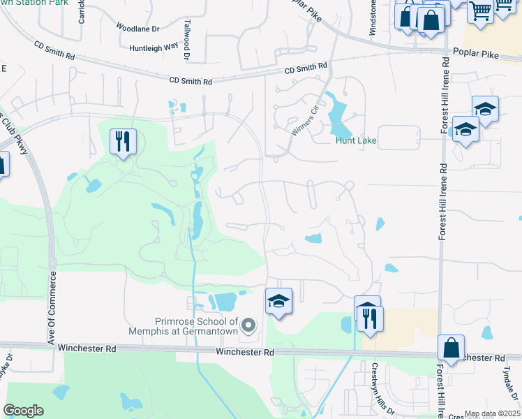 map of restaurants, bars, coffee shops, grocery stores, and more near 3439 Tournament Drive South in Memphis