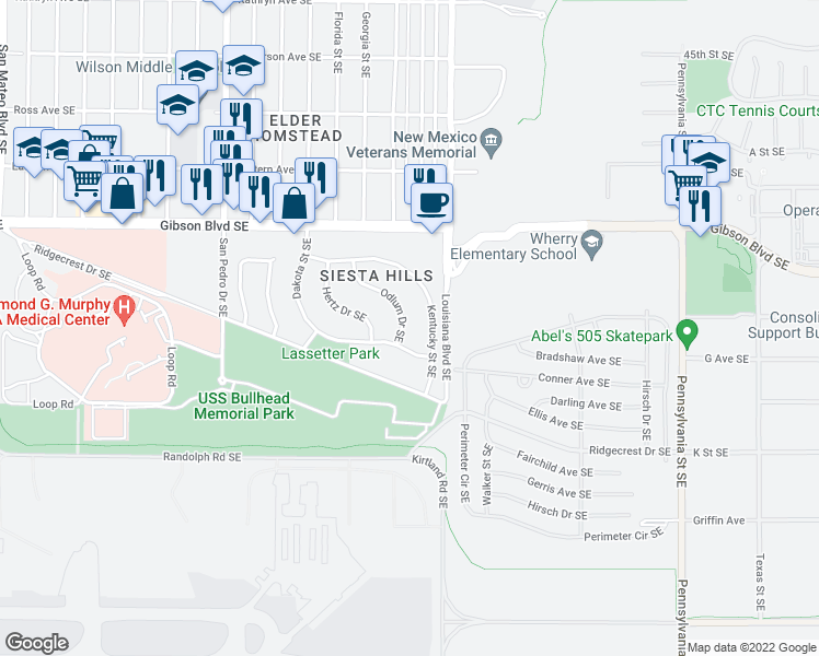 map of restaurants, bars, coffee shops, grocery stores, and more near 1424 Odlum Drive Southeast in Albuquerque