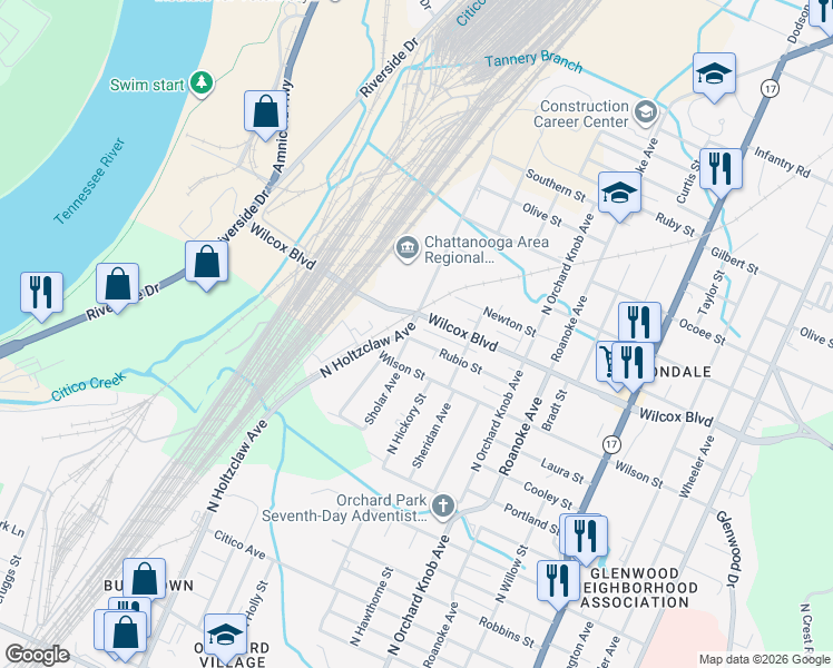 map of restaurants, bars, coffee shops, grocery stores, and more near 1703 Rubio Street in Chattanooga