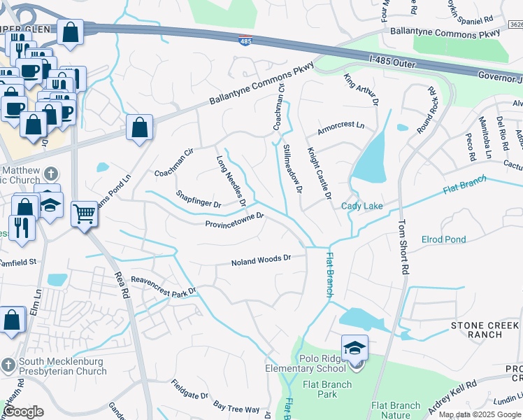map of restaurants, bars, coffee shops, grocery stores, and more near 12115 Provincetowne Drive in Charlotte