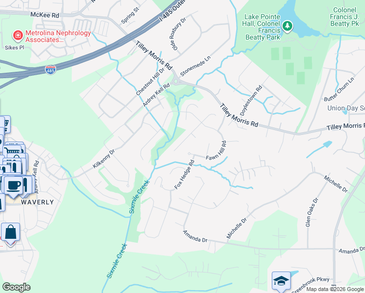 map of restaurants, bars, coffee shops, grocery stores, and more near 11012 Brush Hollow Road in Matthews