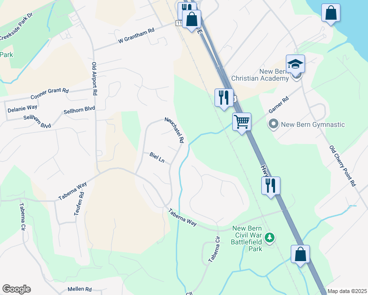map of restaurants, bars, coffee shops, grocery stores, and more near 312 Neuchatel Road in New Bern