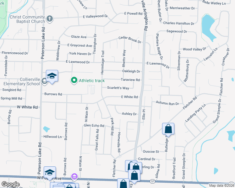 map of restaurants, bars, coffee shops, grocery stores, and more near 324 East White Road in Collierville