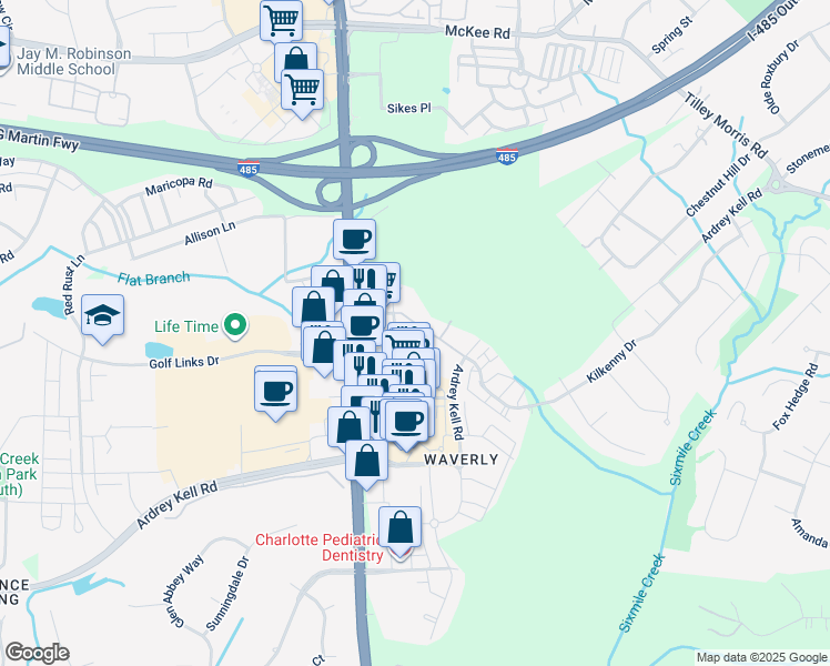 map of restaurants, bars, coffee shops, grocery stores, and more near 6416 Providence Farm Lane in Charlotte