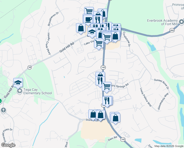 map of restaurants, bars, coffee shops, grocery stores, and more near 2004 Henslow Trail in Tega Cay