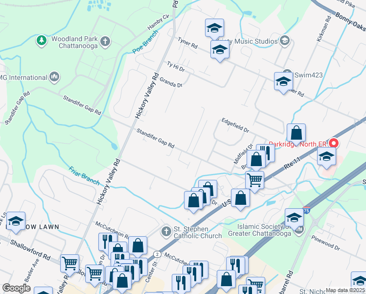 map of restaurants, bars, coffee shops, grocery stores, and more near 6853 Standifer Gap Rd in Chattanooga