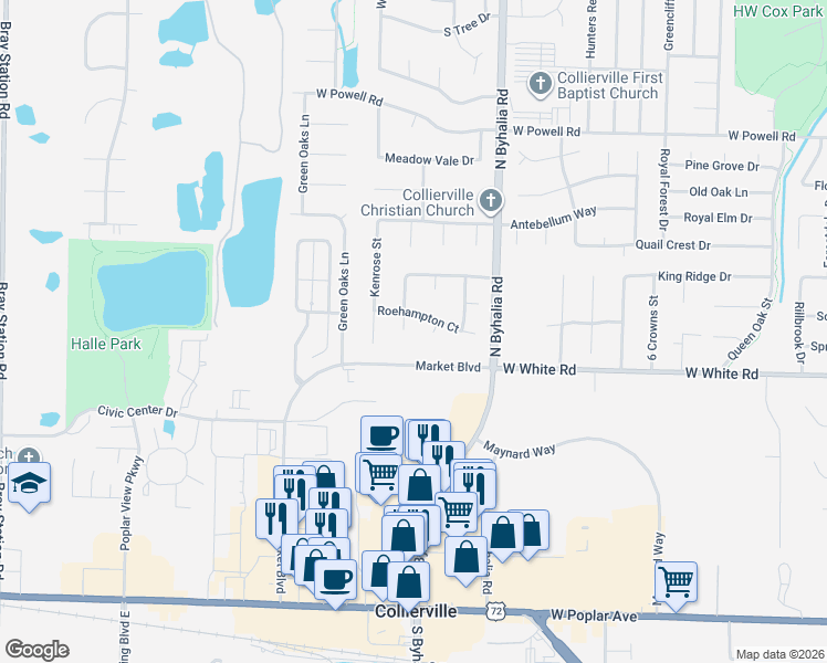 map of restaurants, bars, coffee shops, grocery stores, and more near 570 Windsor Park Cove in Collierville
