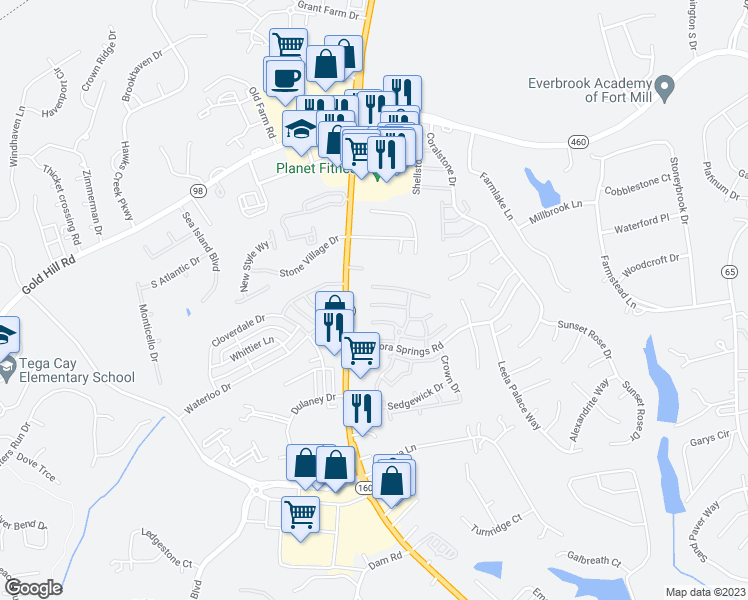 map of restaurants, bars, coffee shops, grocery stores, and more near 846 Gentlewinds Court in Fort Mill