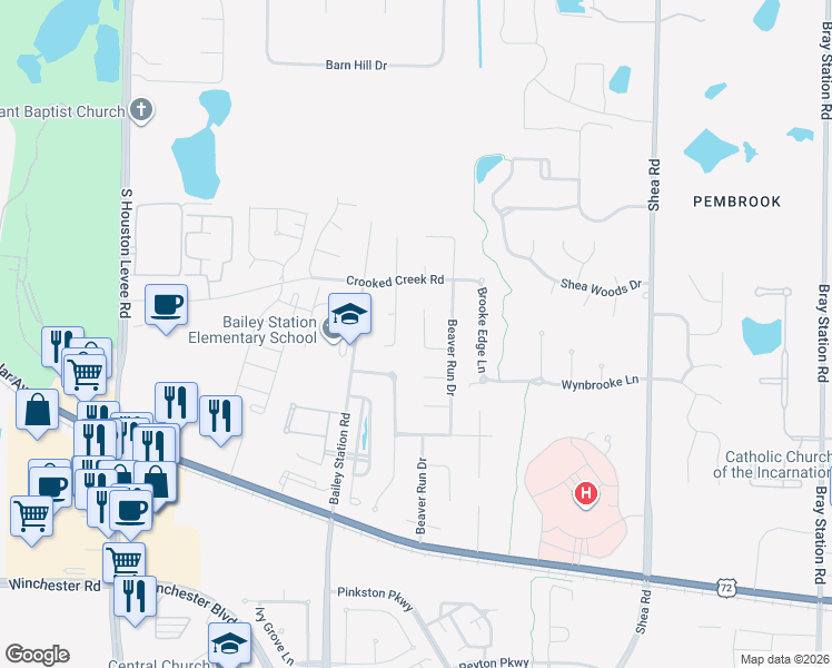 map of restaurants, bars, coffee shops, grocery stores, and more near 3447 Bent Creek Cove in Collierville