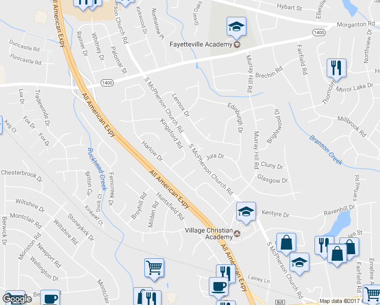 map of restaurants, bars, coffee shops, grocery stores, and more near 473 Kingsford Road in Fayetteville