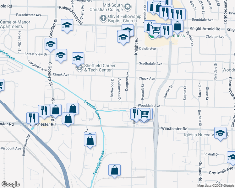 map of restaurants, bars, coffee shops, grocery stores, and more near 3435 Austinwood Drive in Memphis