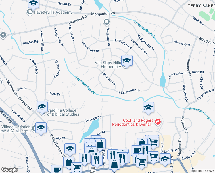map of restaurants, bars, coffee shops, grocery stores, and more near 2618 South Edgewater Drive in Fayetteville
