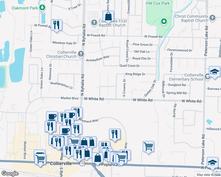 map of restaurants, bars, coffee shops, grocery stores, and more near 609 Royal Crown Drive in Collierville