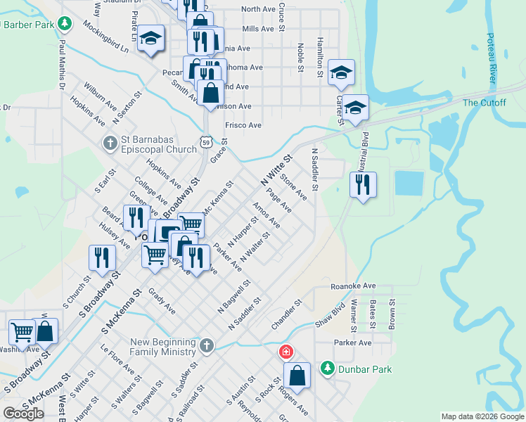 map of restaurants, bars, coffee shops, grocery stores, and more near 398 Amos Avenue in Poteau