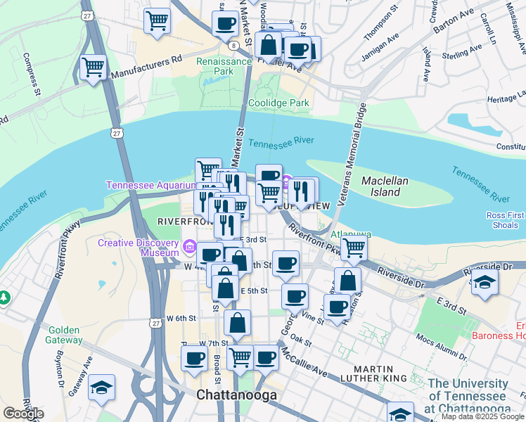 map of restaurants, bars, coffee shops, grocery stores, and more near 191 Walnut Street in Chattanooga