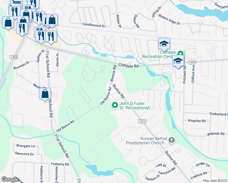 map of restaurants, bars, coffee shops, grocery stores, and more near 605 Alan Street in Fayetteville
