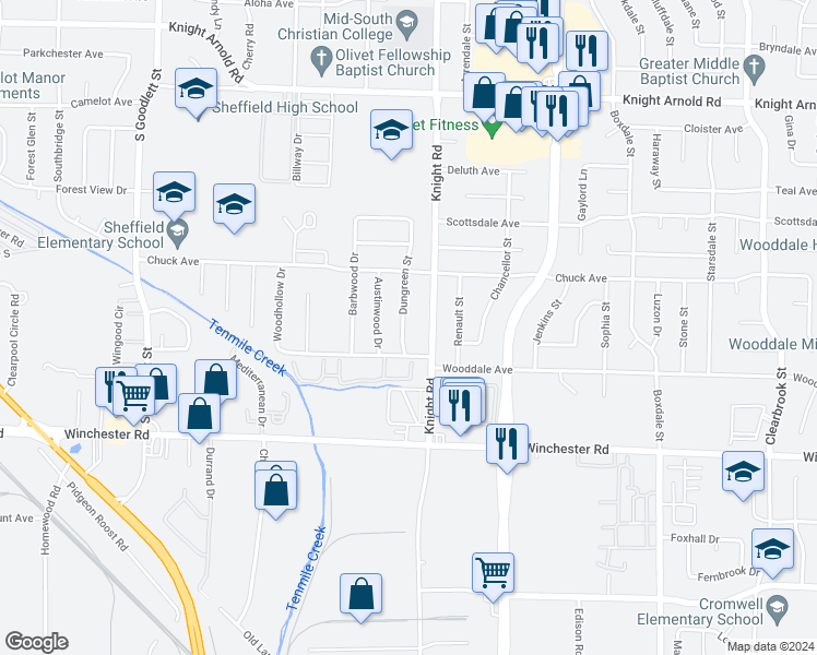 map of restaurants, bars, coffee shops, grocery stores, and more near 3434 Dungreen Street in Memphis