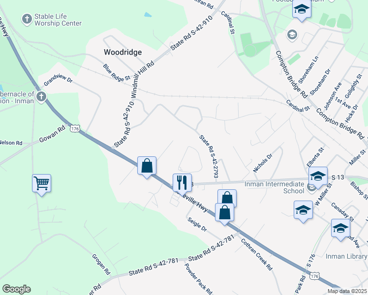 map of restaurants, bars, coffee shops, grocery stores, and more near 386 Copper Creek Circle in Inman