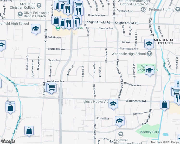 map of restaurants, bars, coffee shops, grocery stores, and more near 3430 Boxdale Street in Memphis
