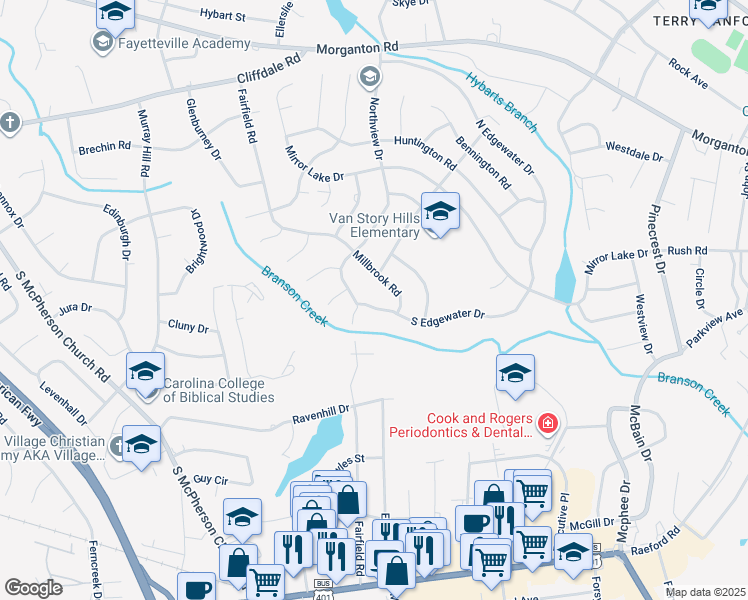 map of restaurants, bars, coffee shops, grocery stores, and more near 2618 South Edgewater Drive in Fayetteville