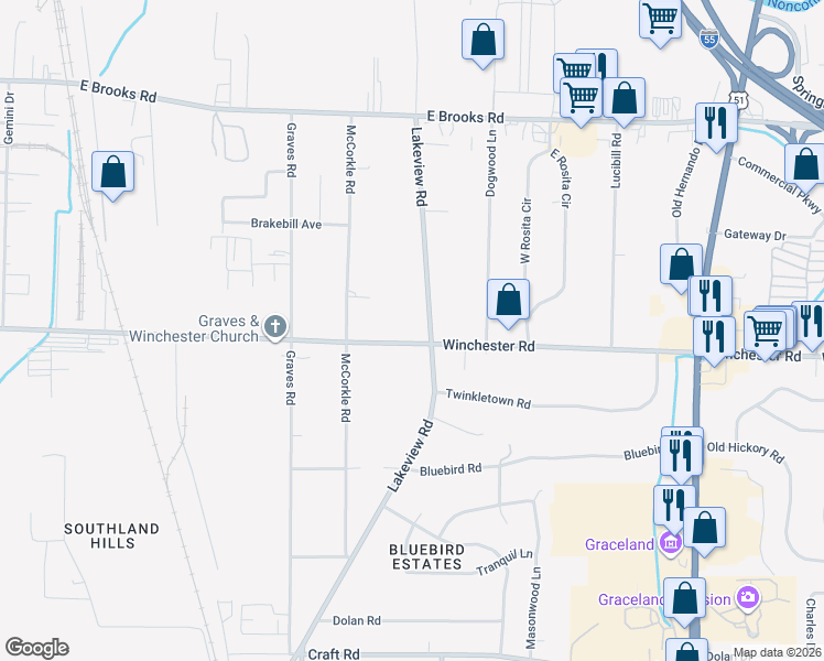 map of restaurants, bars, coffee shops, grocery stores, and more near 3439 Lakeview Road in Memphis